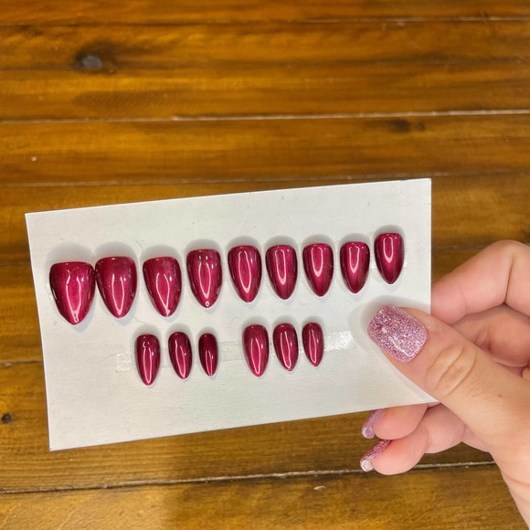 Red Shimmer Polished & Glazed Nails | Short Almond Press On Nails | Winter Mani - Picture 7 of 11